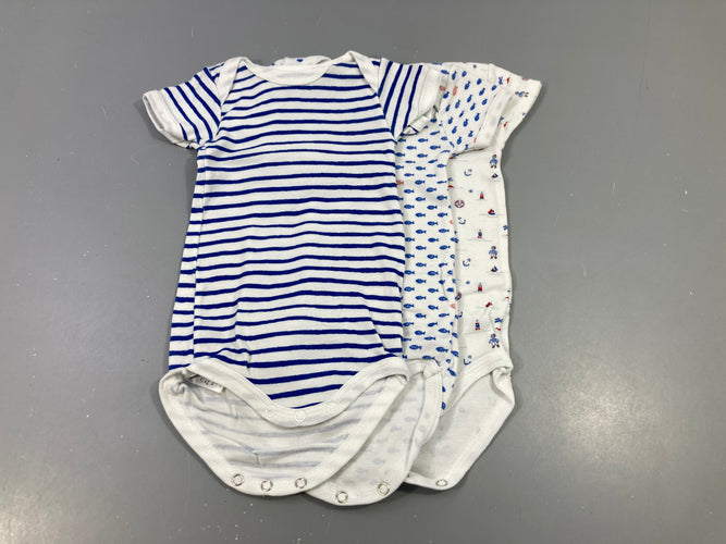 Lot de 3 bodies m.c blanc rayé bleu, blanc avec poissons,blanc avec phares, moins cher chez Petit Kiwi