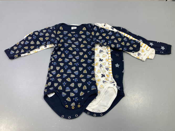 Lot  de 4 bodies m.l bleu foncé et blanc avec motifs, blanc rayé jaune, bleu étoiles, moins cher chez Petit Kiwi