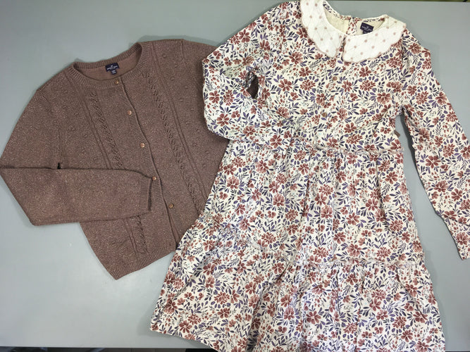 Gilet parme parme irisé 12% laine + Robe m.l blanche fleurie, moins cher chez Petit Kiwi