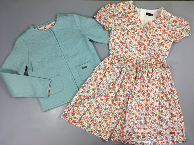 Sweat réversible effet matelassé menthe/blanc fleuri orange + Robe, moins cher chez Petit Kiwi
