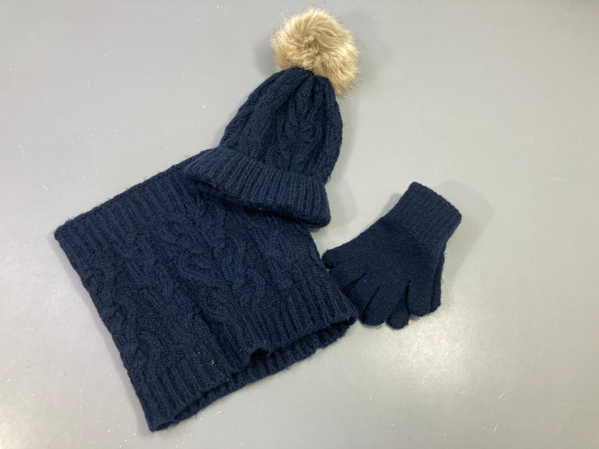 Ensemble bleu foncé, bonnet, gants, tour de cou, moins cher chez Petit Kiwi