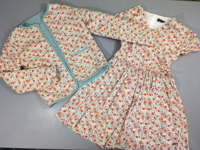 Sweat réversible effet matelassé menthe/blanc fleuri orange + Robe, moins cher chez Petit Kiwi