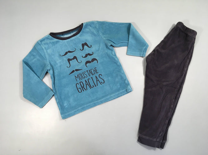 Pyjama 2pcs velours bleu Moustache, moins cher chez Petit Kiwi