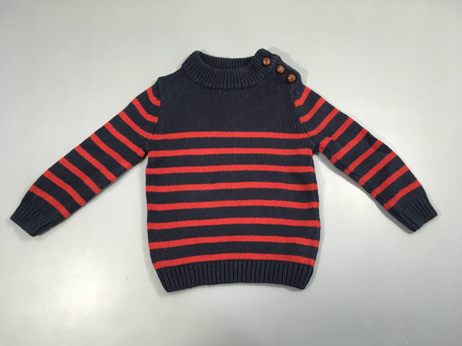Pull bleu foncé rayé rouge col montant, moins cher chez Petit Kiwi