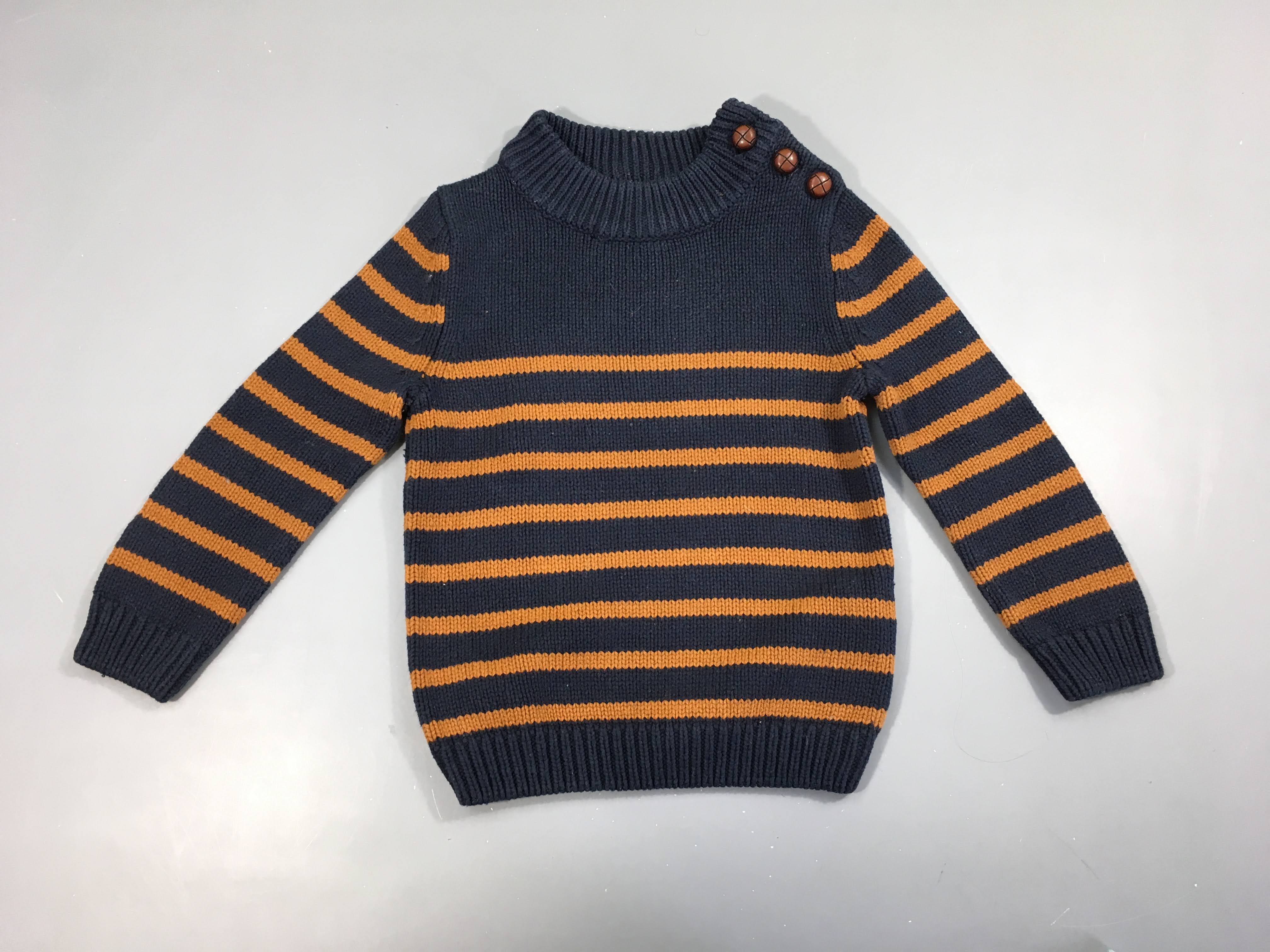 Pull bleu foncé rayé brun col montant