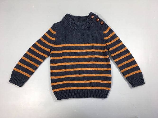 Pull bleu foncé rayé brun col montant, moins cher chez Petit Kiwi