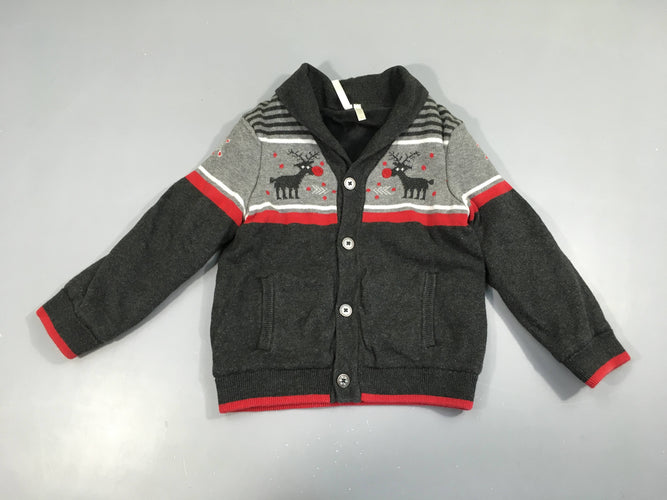 Gilet motifs hiver gris/rouge rennes, doublé velours, moins cher chez Petit Kiwi