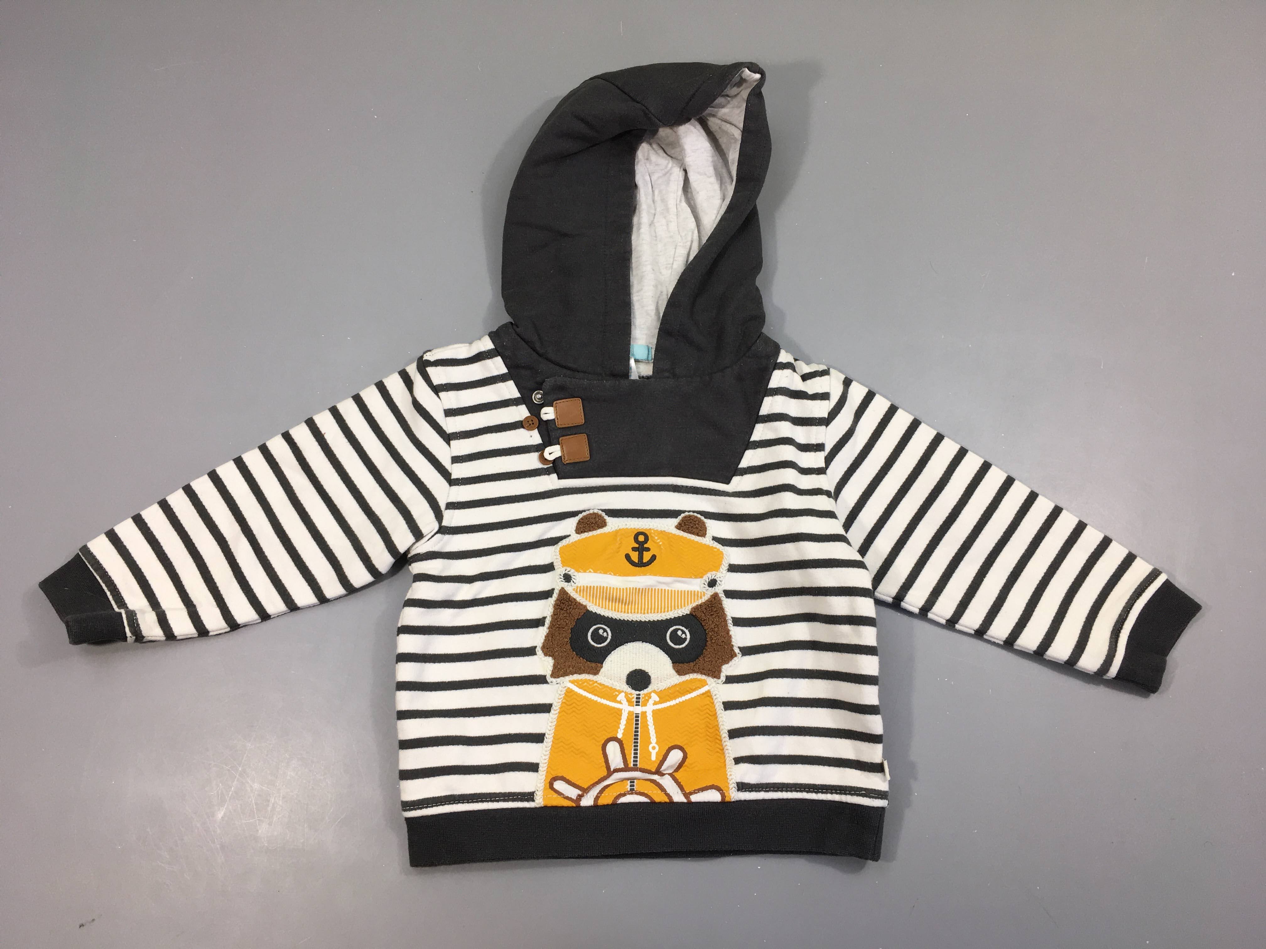 Sweat blanc rayé gris à capuche raton laveur, légèrement bouloché