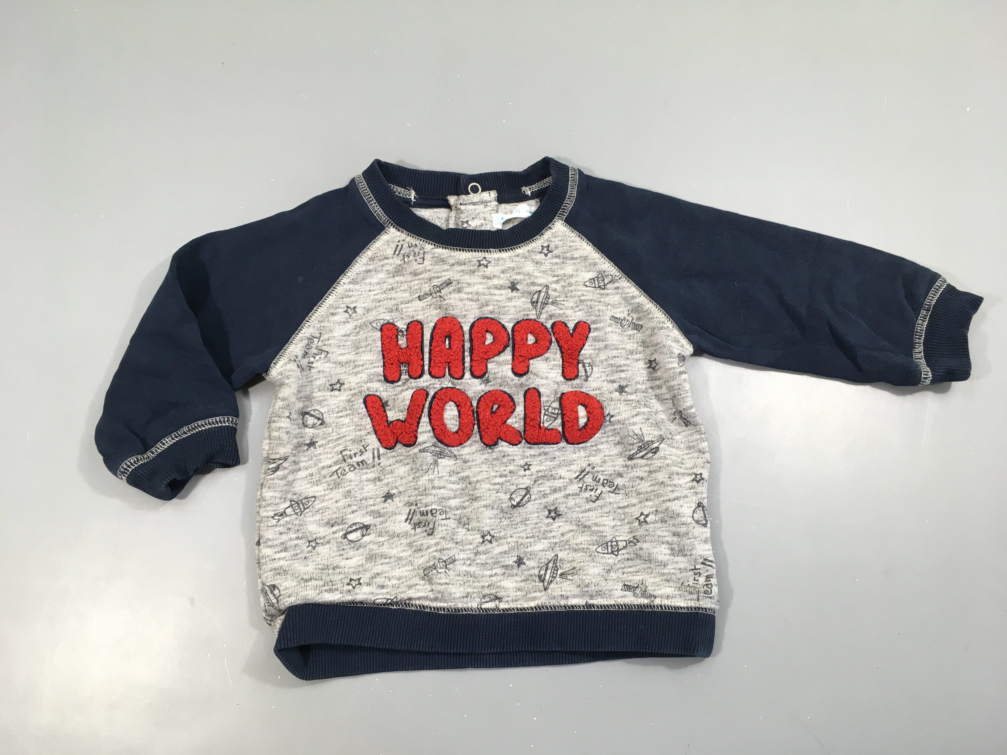 Sweat gris chiné/bleu foncé Happy world