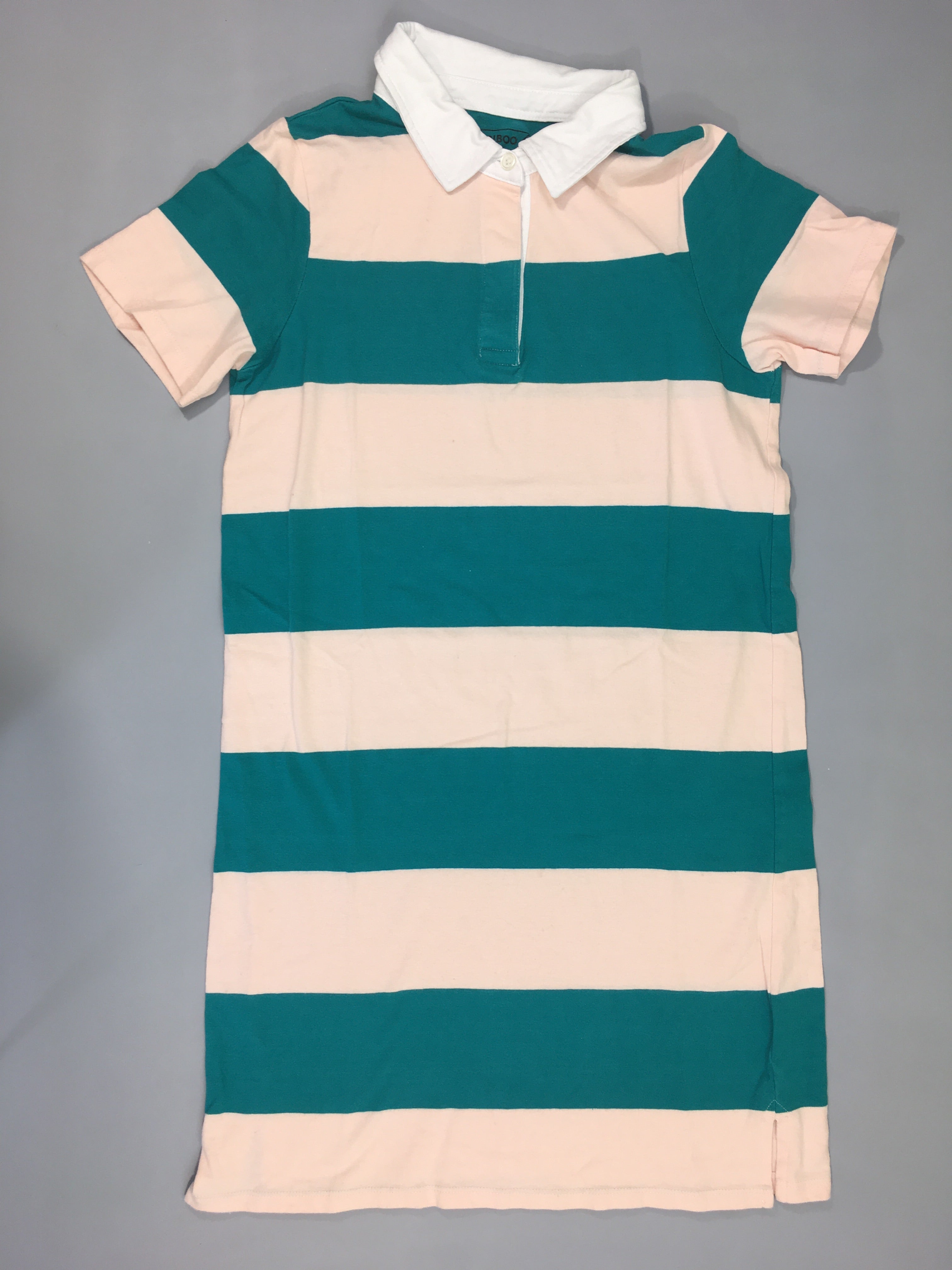 Robe polo m.c jersey rose rayé vert, légèrement bouloché