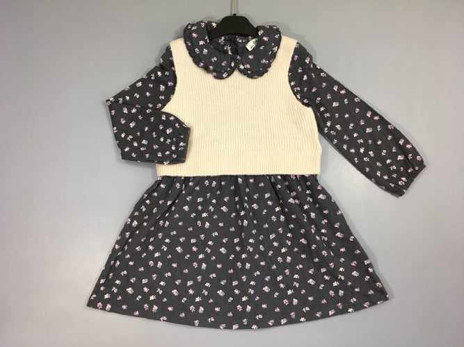 Robe m.l jersey gris foncé fleuri col + pull s.m beige, moins cher chez Petit Kiwi