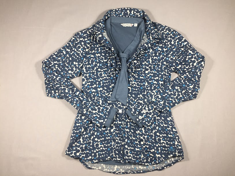 2pièces - chemisier blanc/bleu motifs ronds et sous-pull bleu col cravate