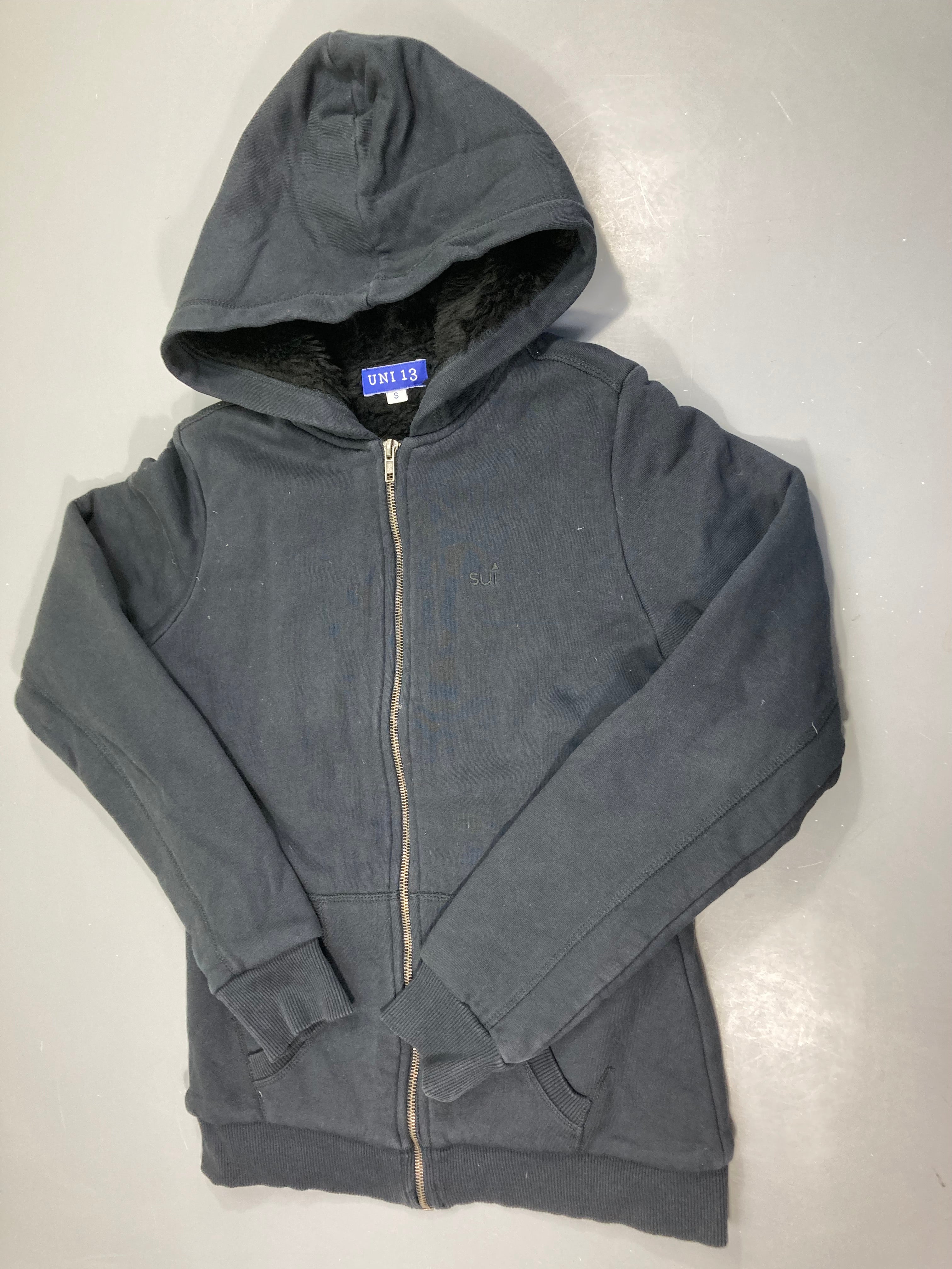 Sweat zippé à capuche bleu foncé doublé peluche