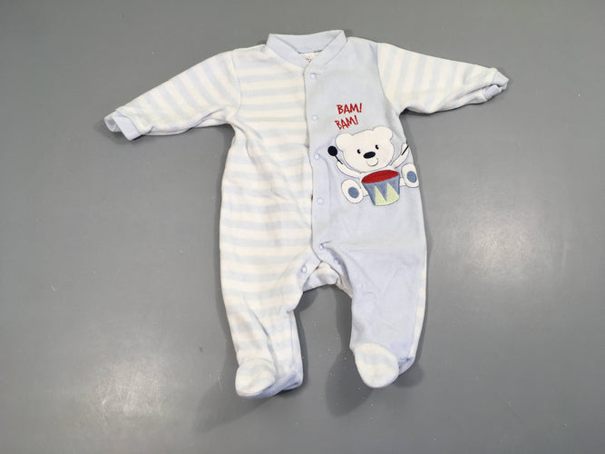 Pyjama velours blanc rayé bleu ourson, moins cher chez Petit Kiwi