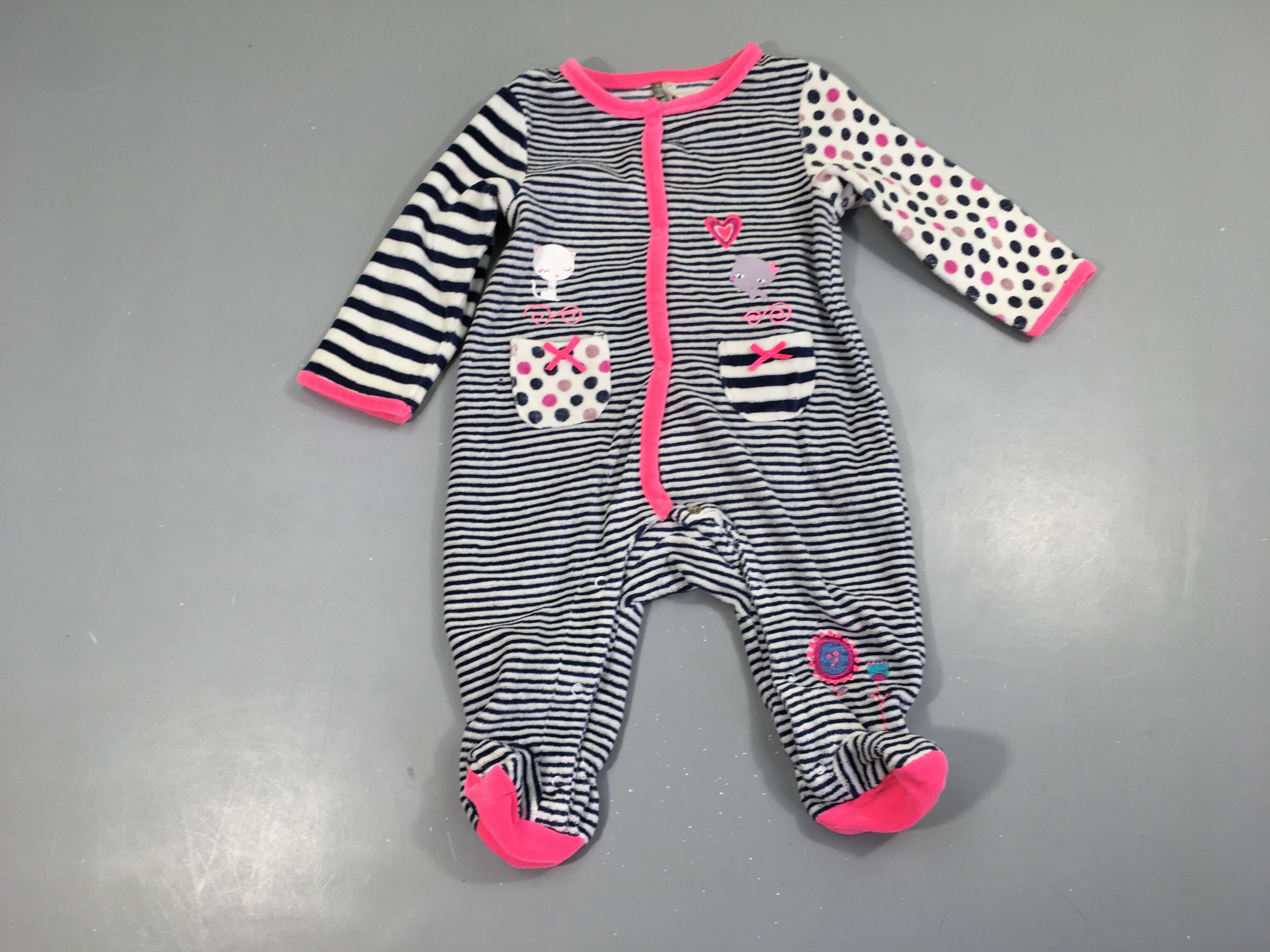 Pyjama velours blanc rayé bleu marine/rose chats