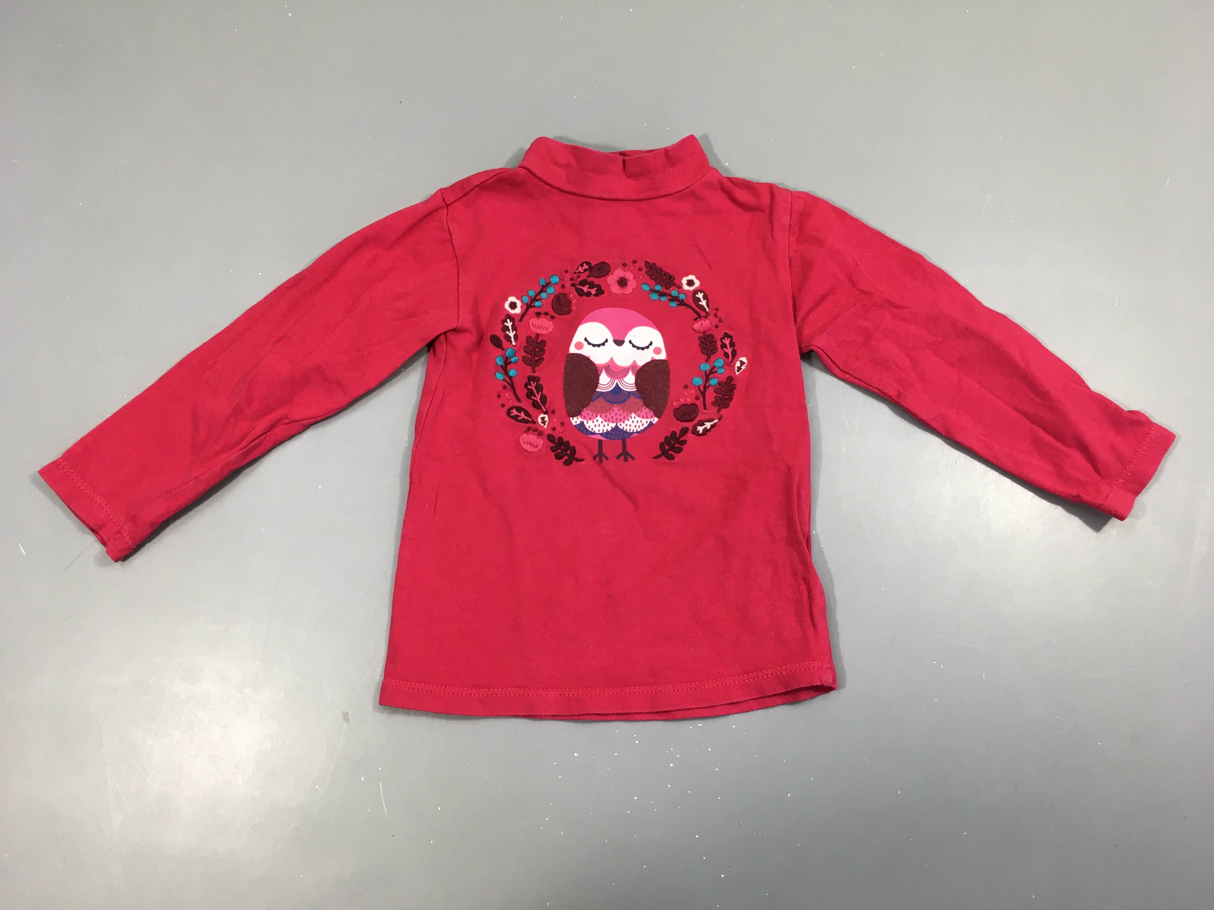 T-shirt m.l col montant rose vif oiseaux broderies, un peu bouloché
