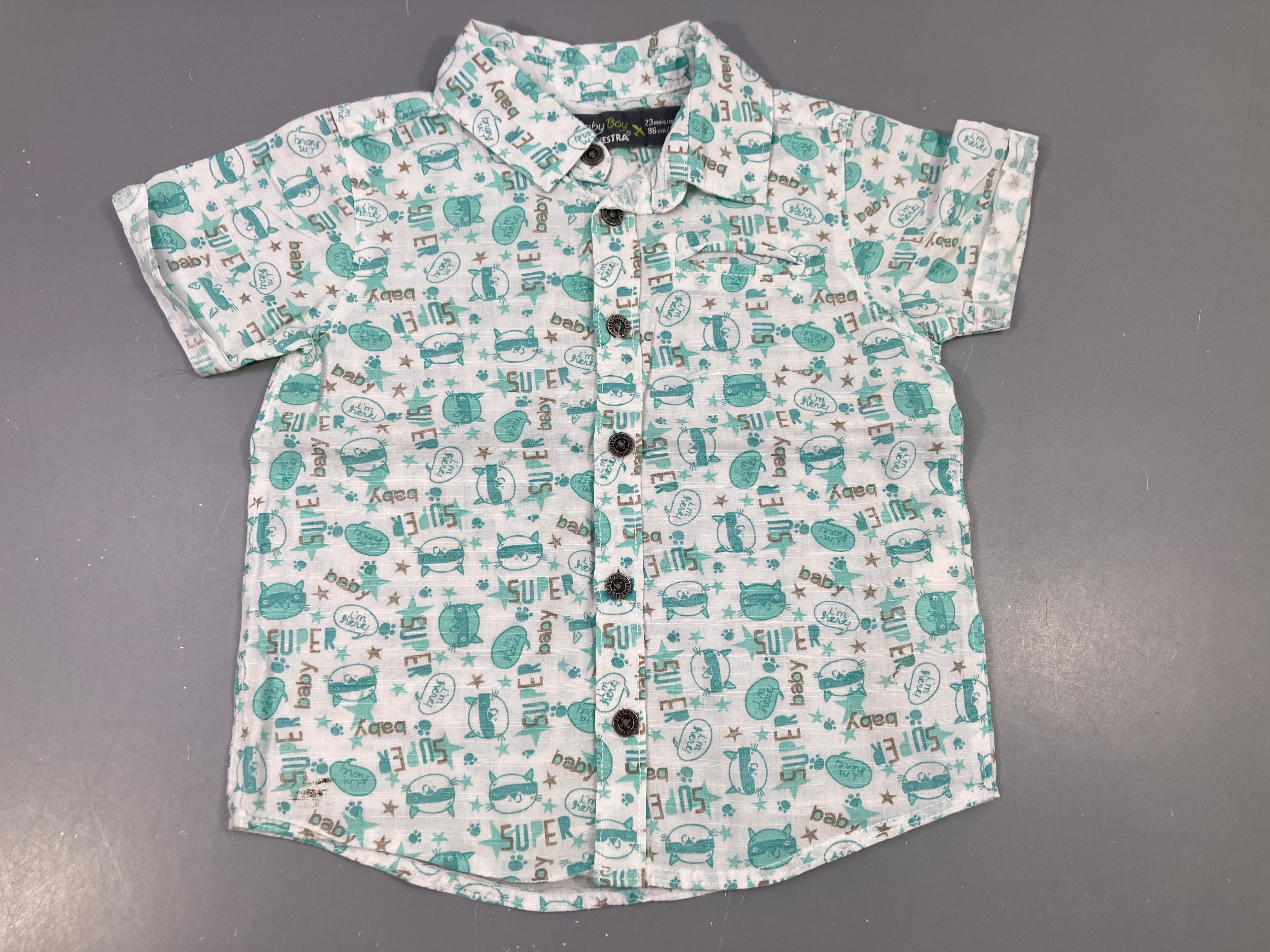 Chemise m.c blanche Chat turquoise masqué