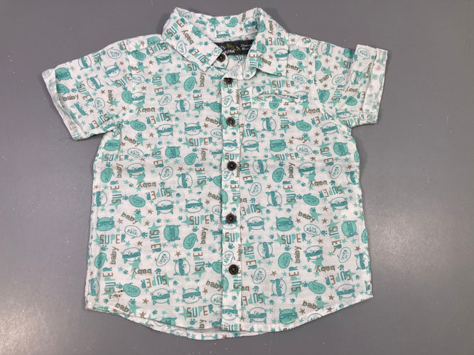 Chemise m.c blanche Chat turquoise masqué, moins cher chez Petit Kiwi