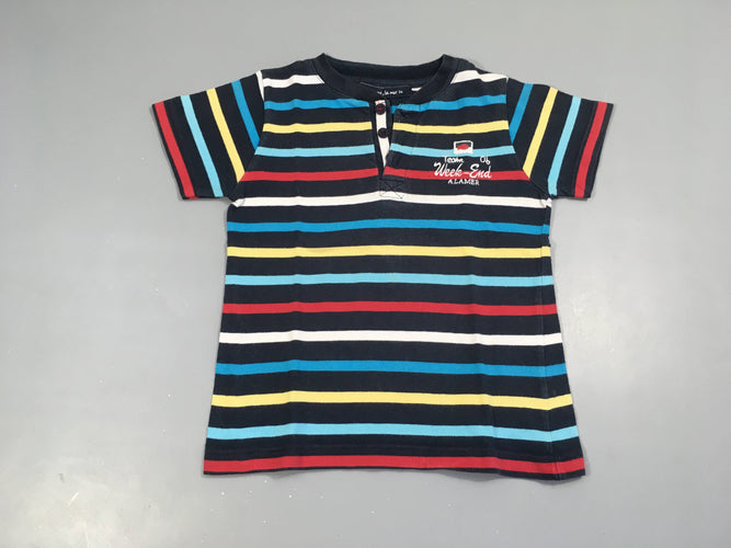 T-shirt m.c bleu foncé rayé multicolore boutons, légèrement bouloché, moins cher chez Petit Kiwi