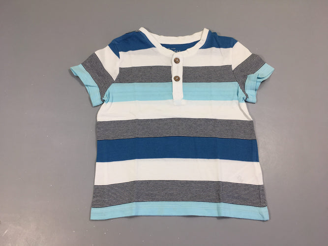 T-shirt m.c blanc rayé bleu boutons, légèrement bouloché, moins cher chez Petit Kiwi