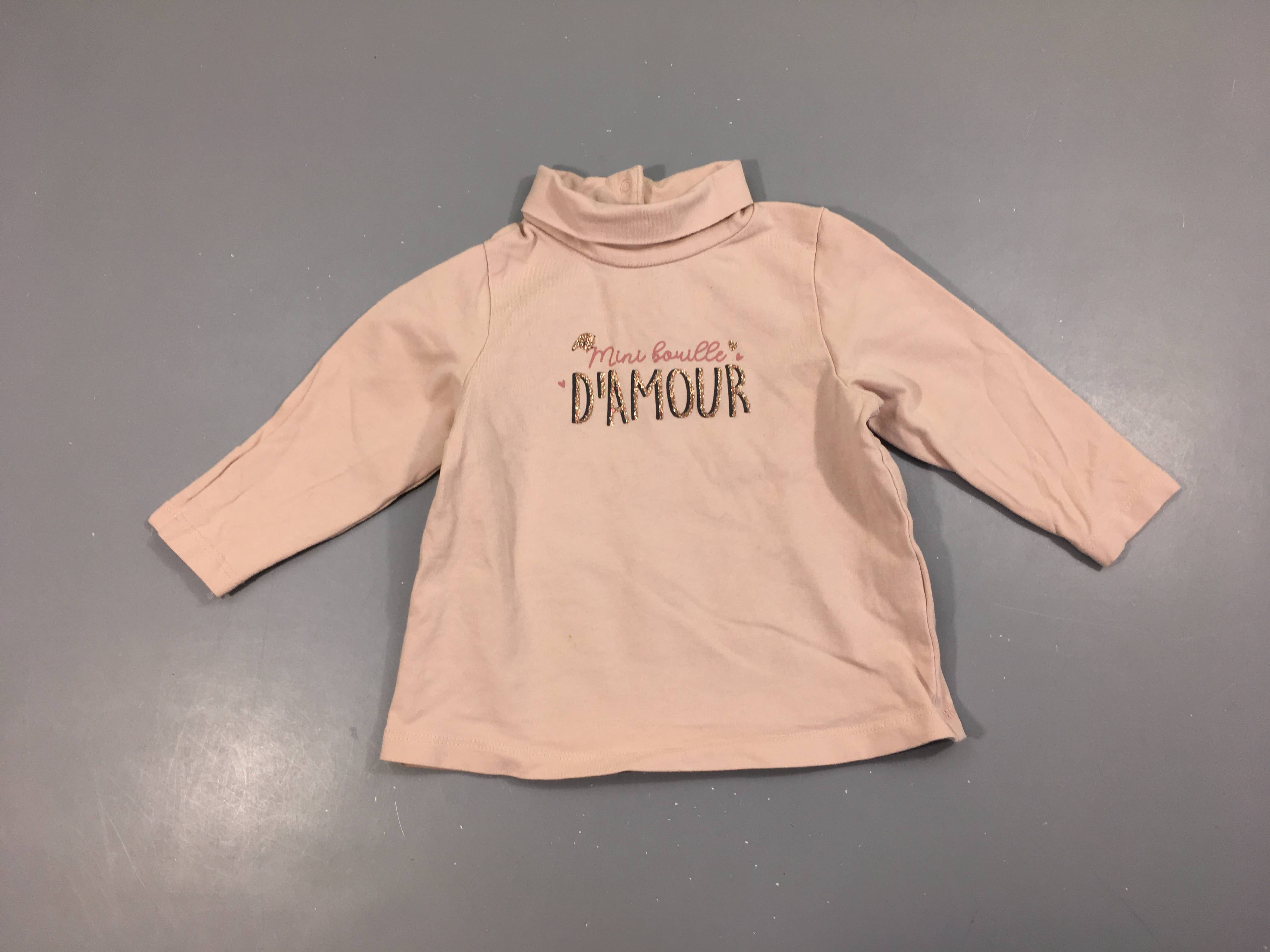 T-shirt m.l rose pâle col roulé mini bouille d'amour