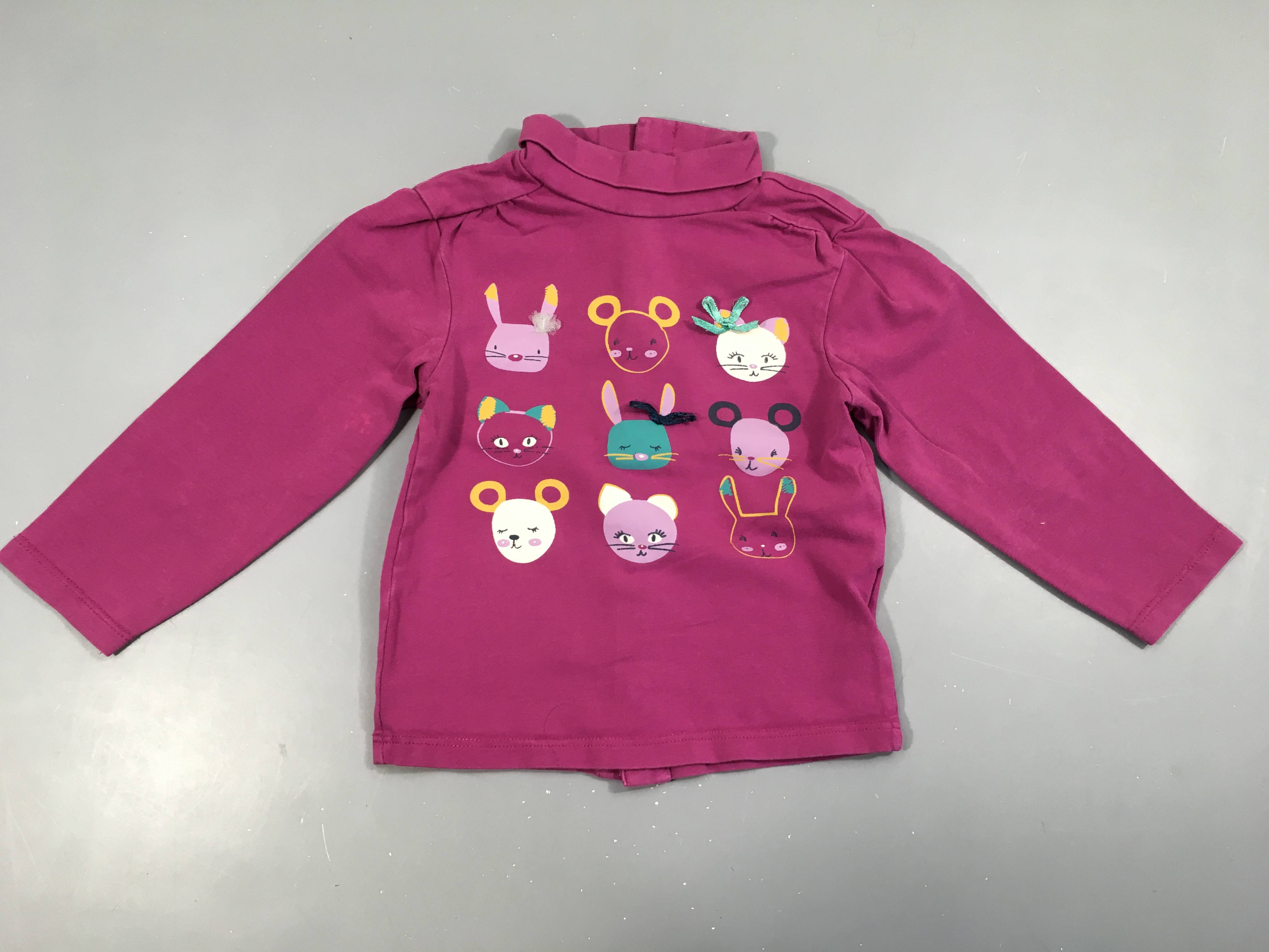 T-shirt m.l col roulé mauve animaux