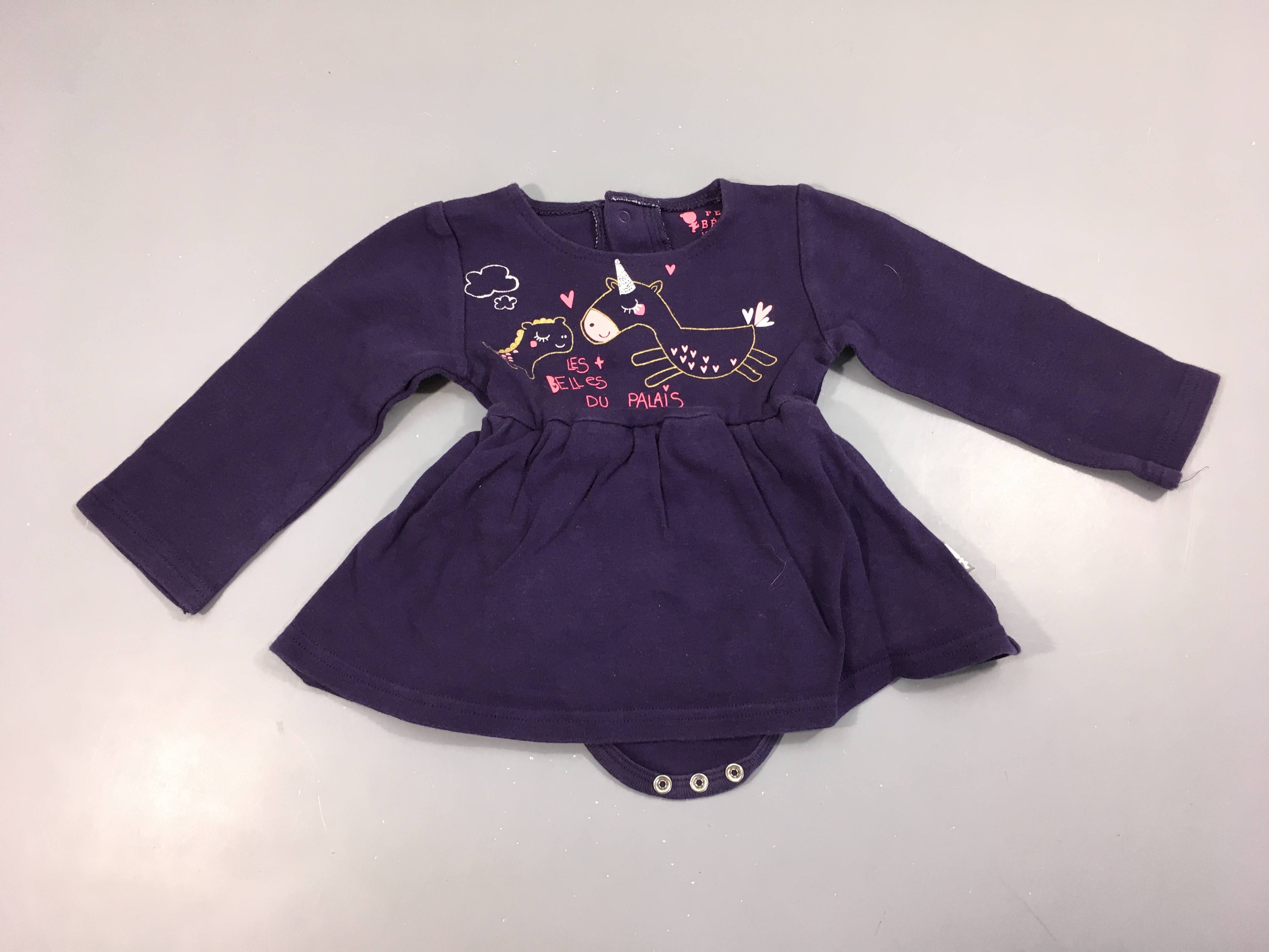 Robe m.l jersey mauve licorne body intégré, 18m mais rétréci équivaut à un 6mois