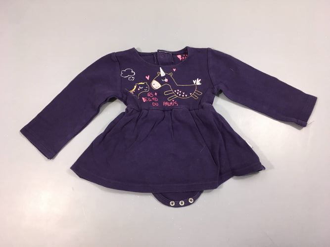 Robe m.l jersey mauve licorne body intégré, 18m mais rétréci équivaut à un 6mois, moins cher chez Petit Kiwi