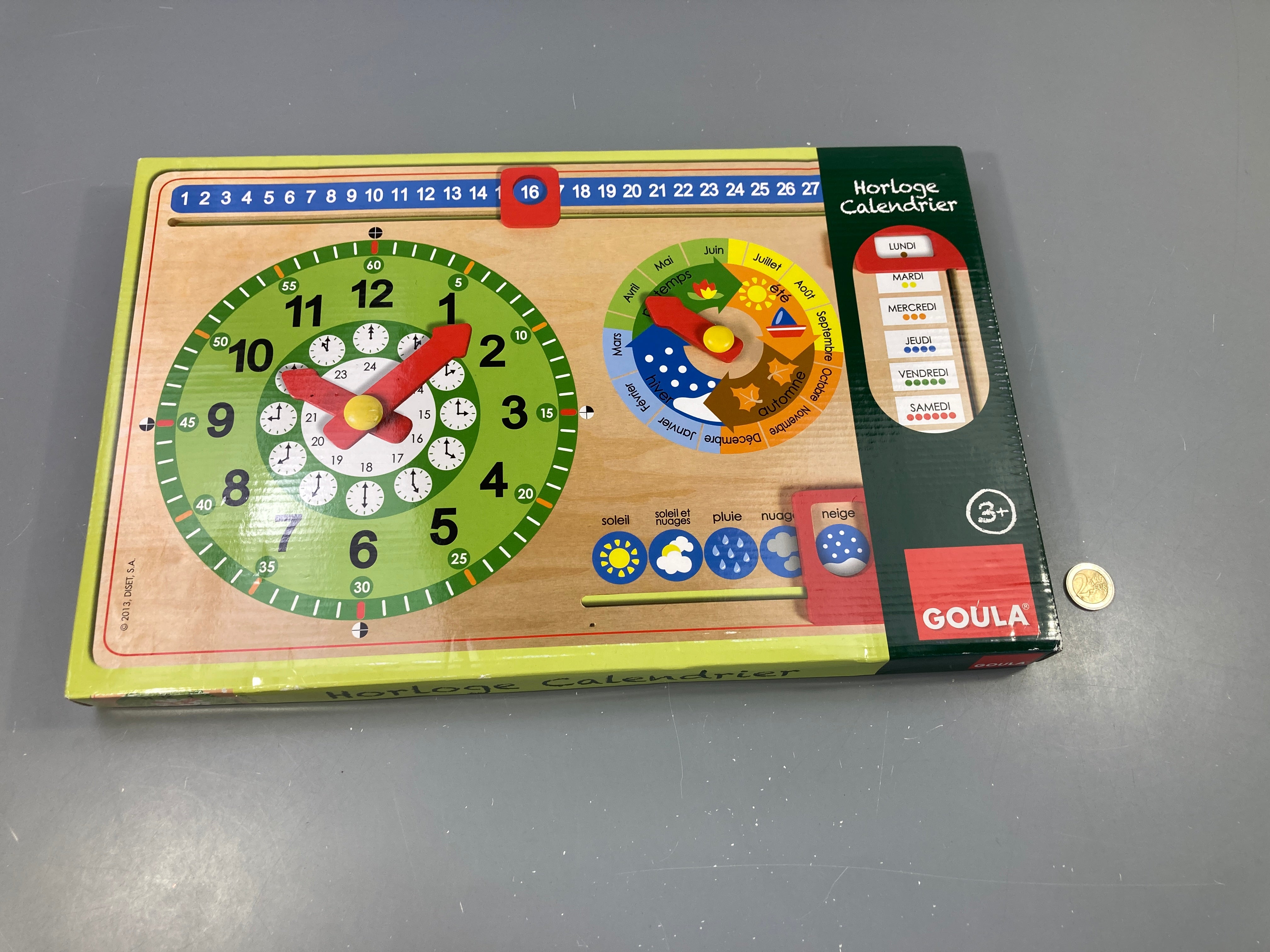 Horloge calendrier en bois, Goula