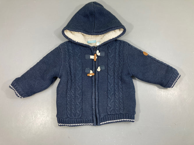 Gilet épais zippé à capuche bleu foncé doublé velours, légèrement bouloché, moins cher chez Petit Kiwi