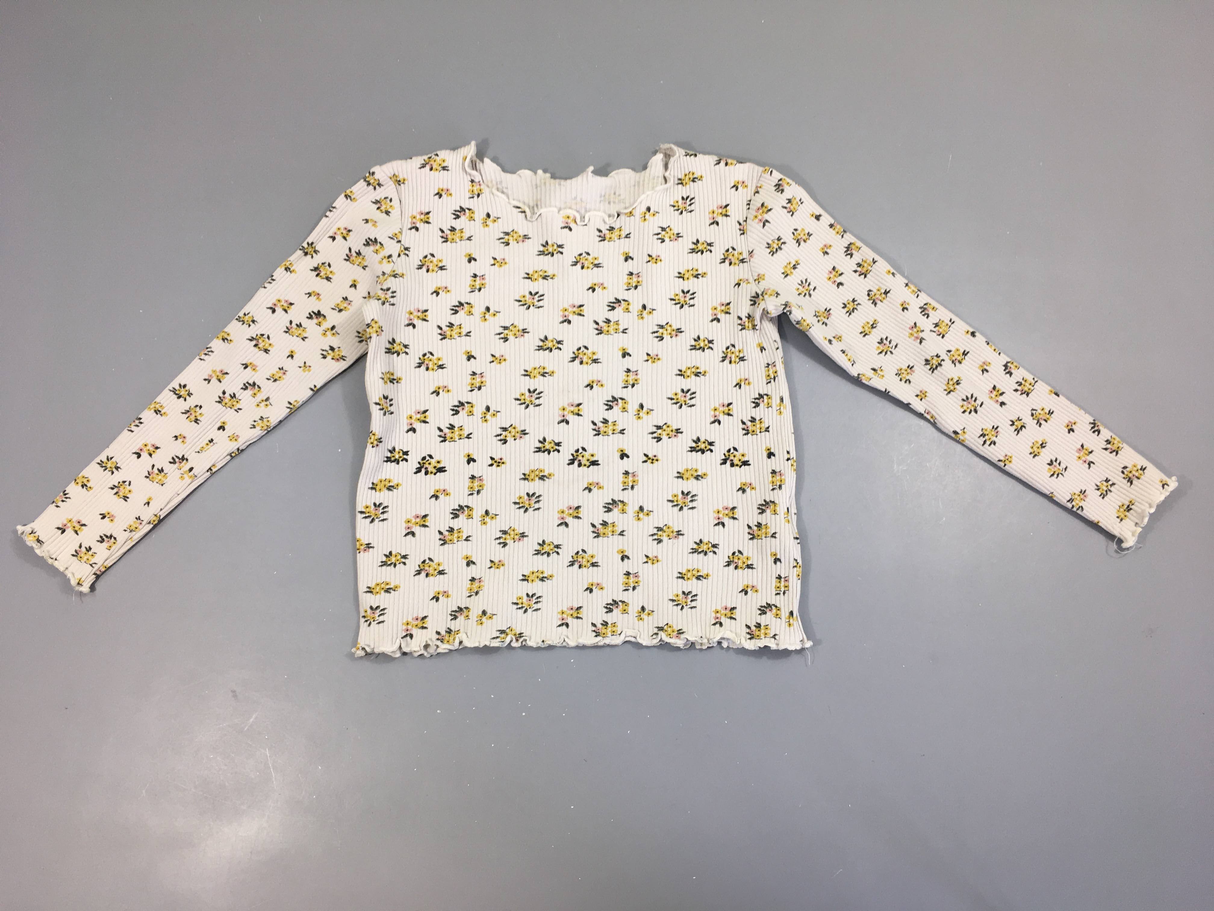 T-shirt m.l côtelé blanc fleuri jaune froufrou bords