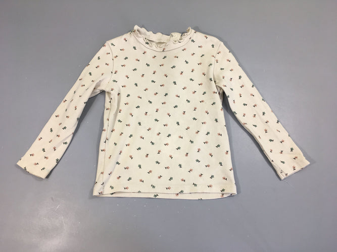 T-shirt m.l écru col froufrou fleurs vert-rose, moins cher chez Petit Kiwi