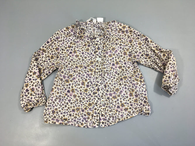 Chemisier ml blanche fleurie mauve-taupe froufrou col, moins cher chez Petit Kiwi
