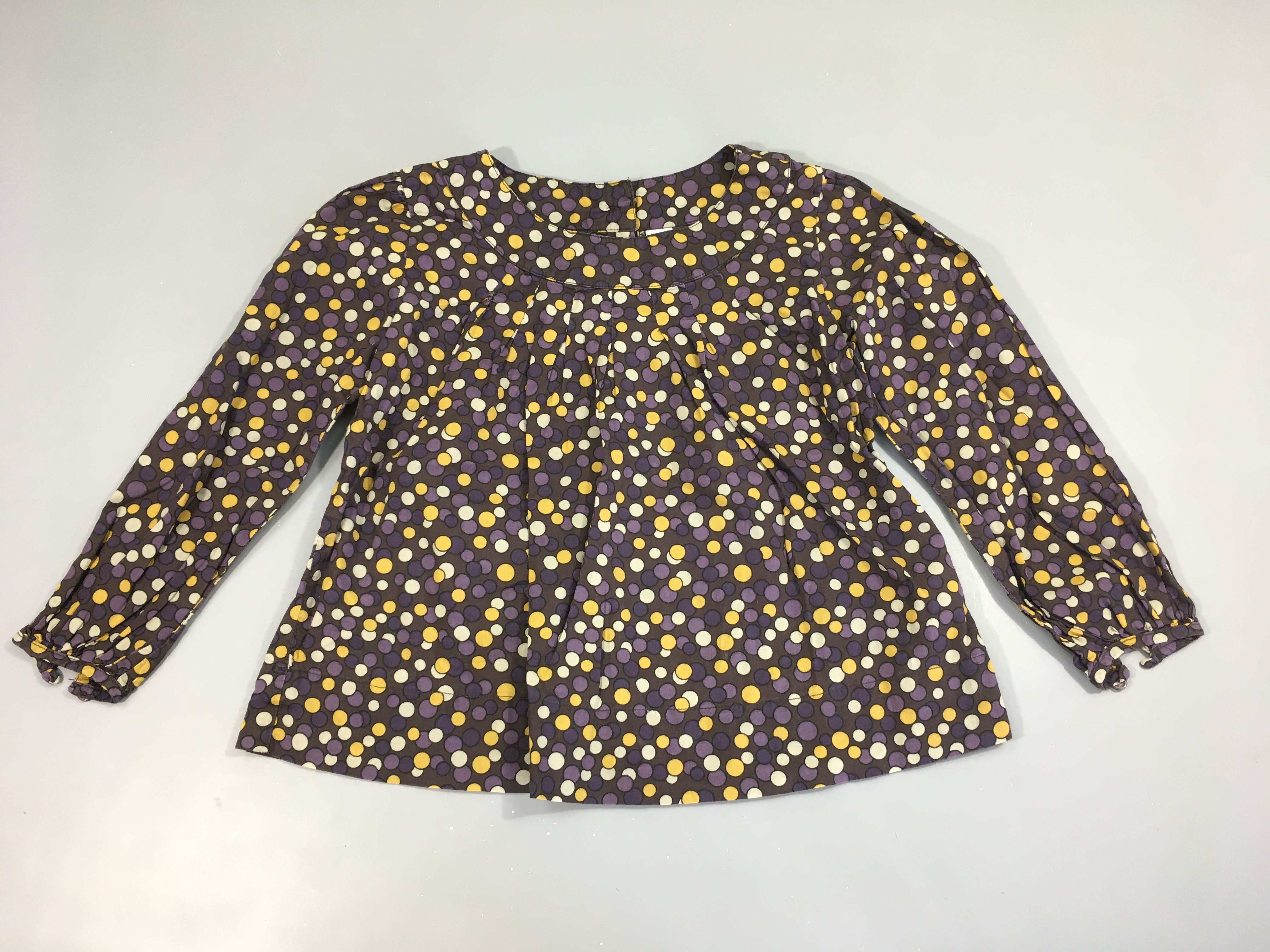 Blouse ml brun foncé pois mauves-jaune-blanc cassé