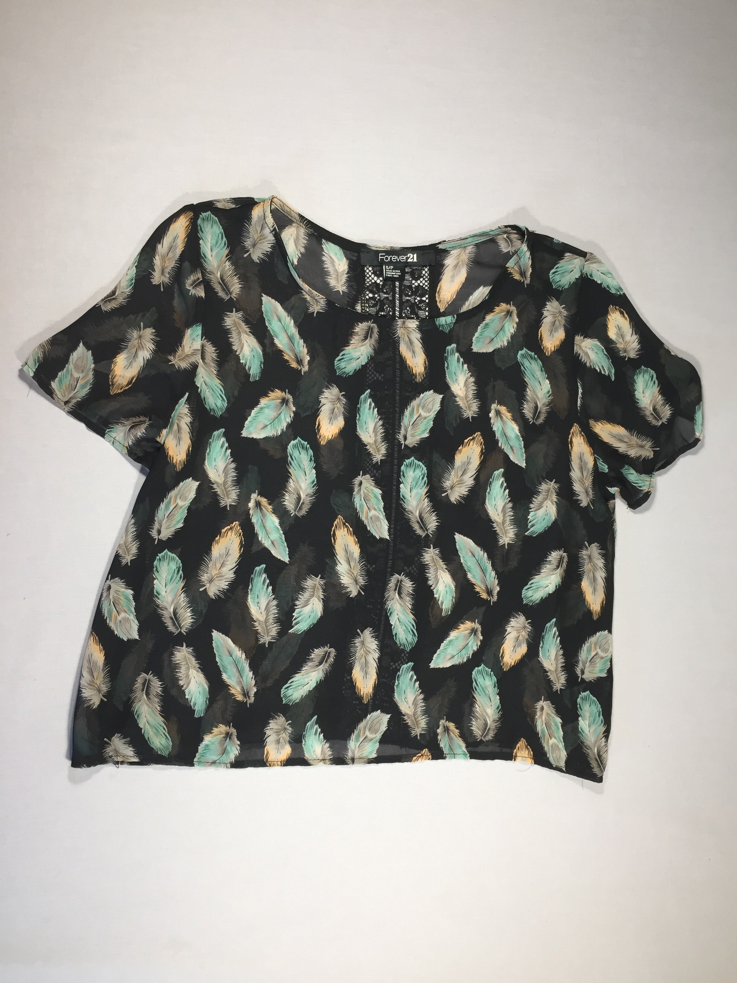 Forever21 - blouse mac voile transparent noir - plumes - dentelle dans le dos - S