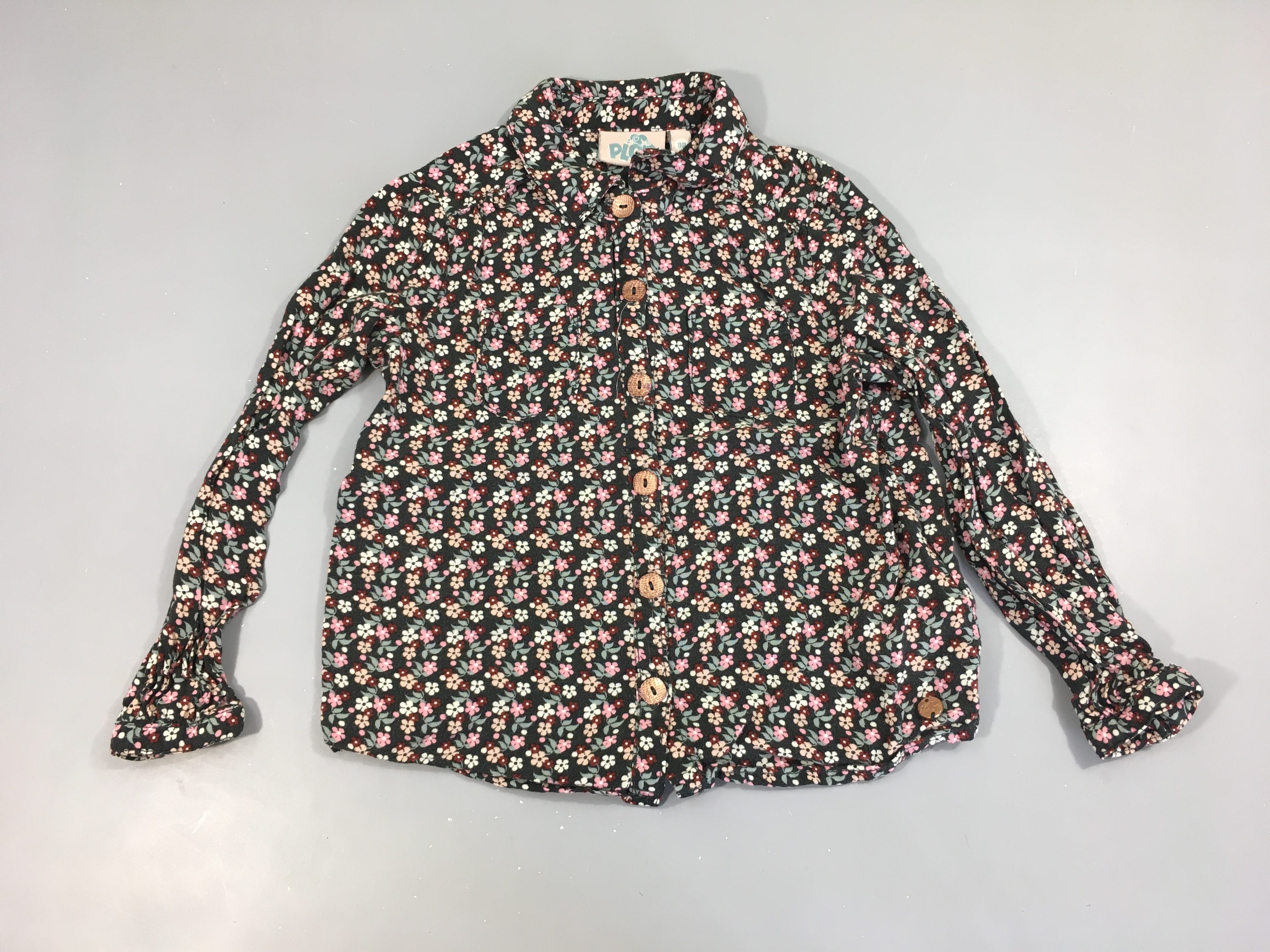 Chemisier anthraciet fleuri rose-blanc boutons cuivrés