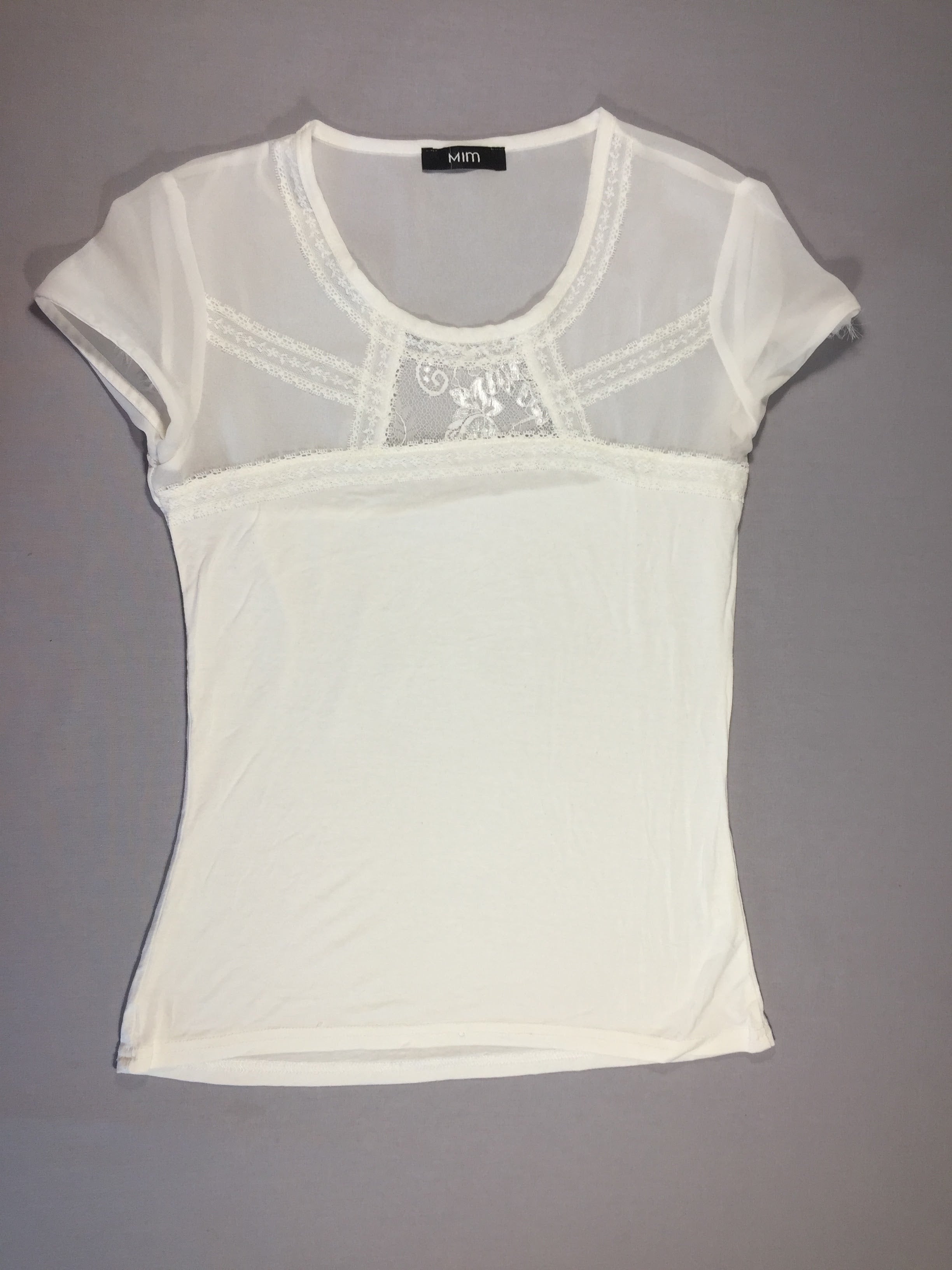 MIM - blouse m.c voile transparent blanc - dentelle