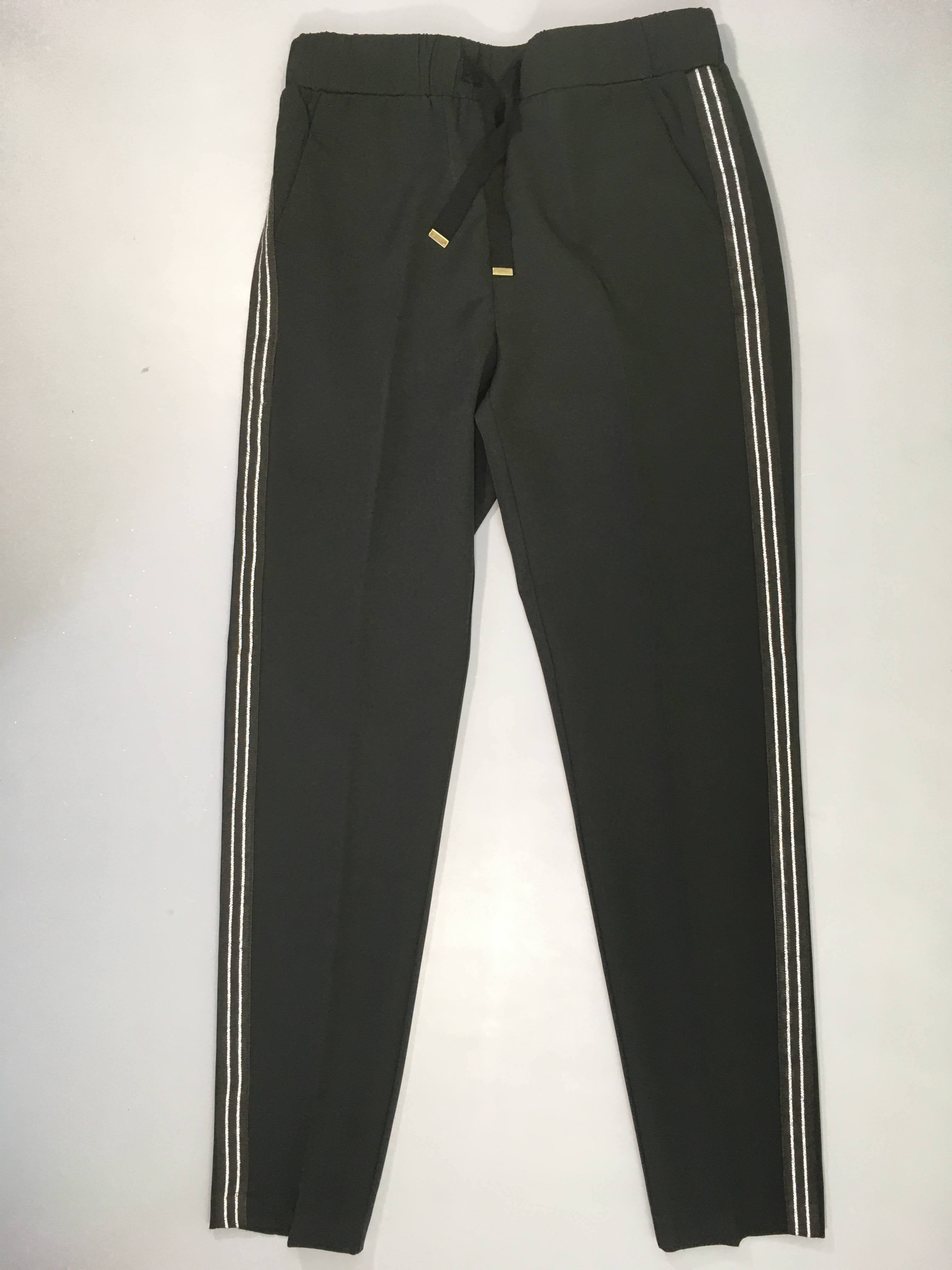 Pantalon chino noir taille élastique bandes latérales lignes argentées, 32