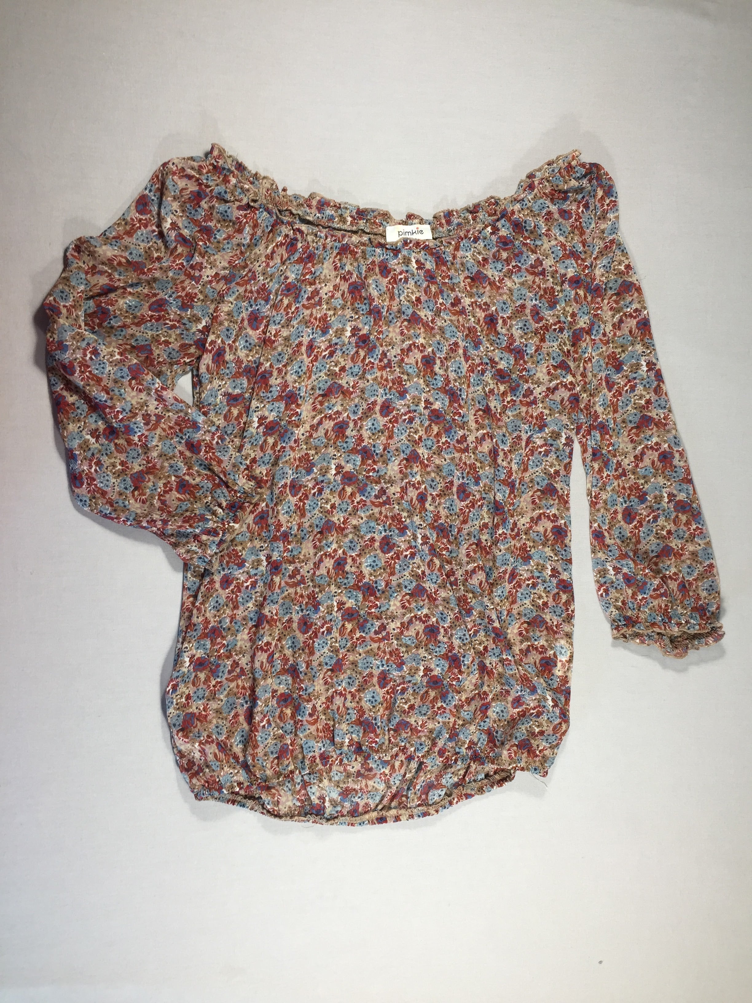 Pimkie - blouse en voile transparent dans les tons bleux et bruns (taille estimée : S)