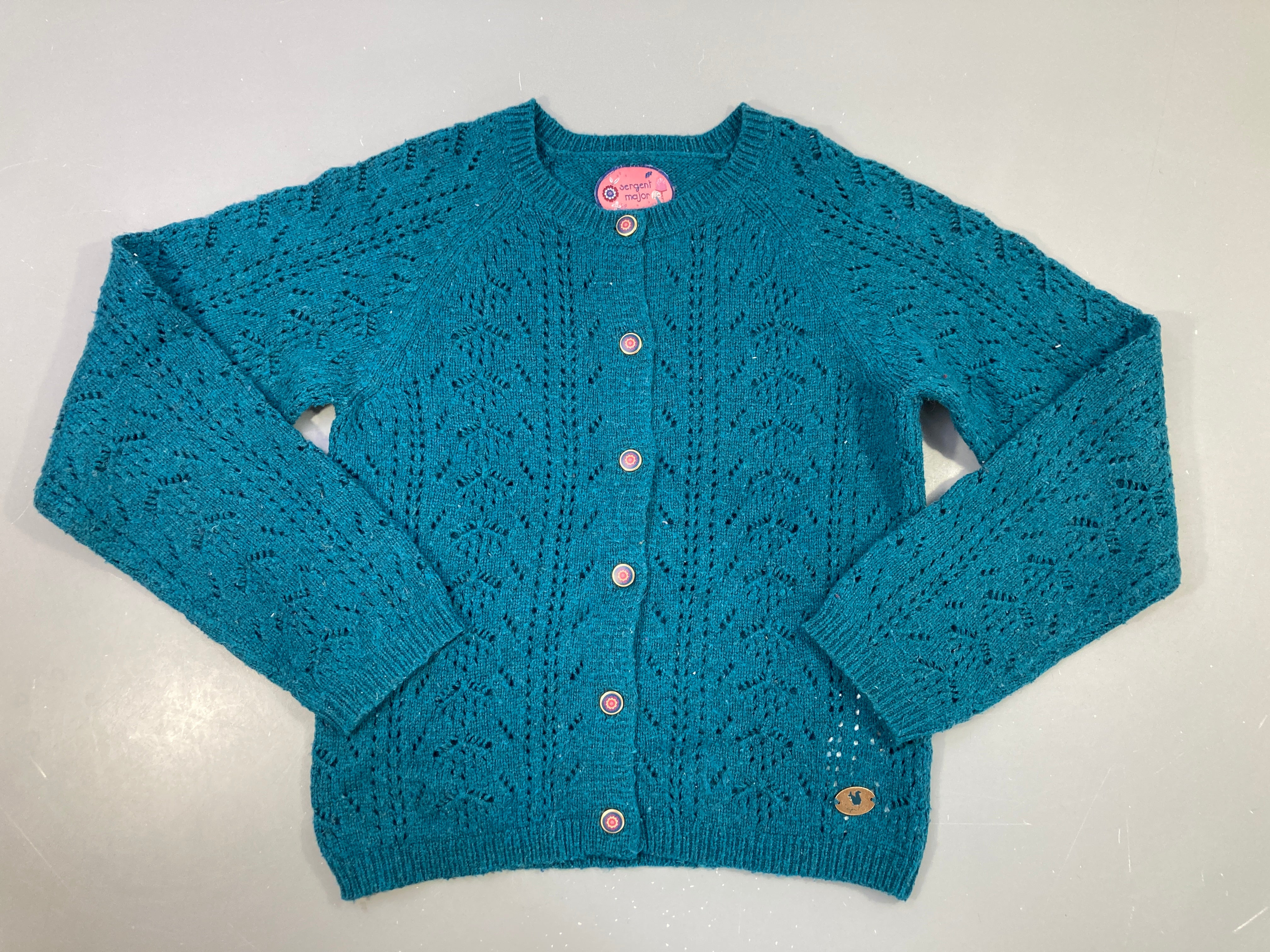 Gilet bleu canard ajouré, 12% laine un peu bouloché