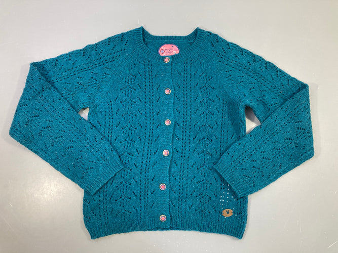 Gilet bleu canard ajouré, 12% laine un peu bouloché, moins cher chez Petit Kiwi