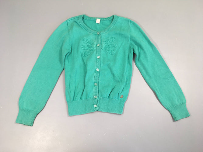 Gilet vert broderie avant, boutons transparents légèrement bouloché, moins cher chez Petit Kiwi