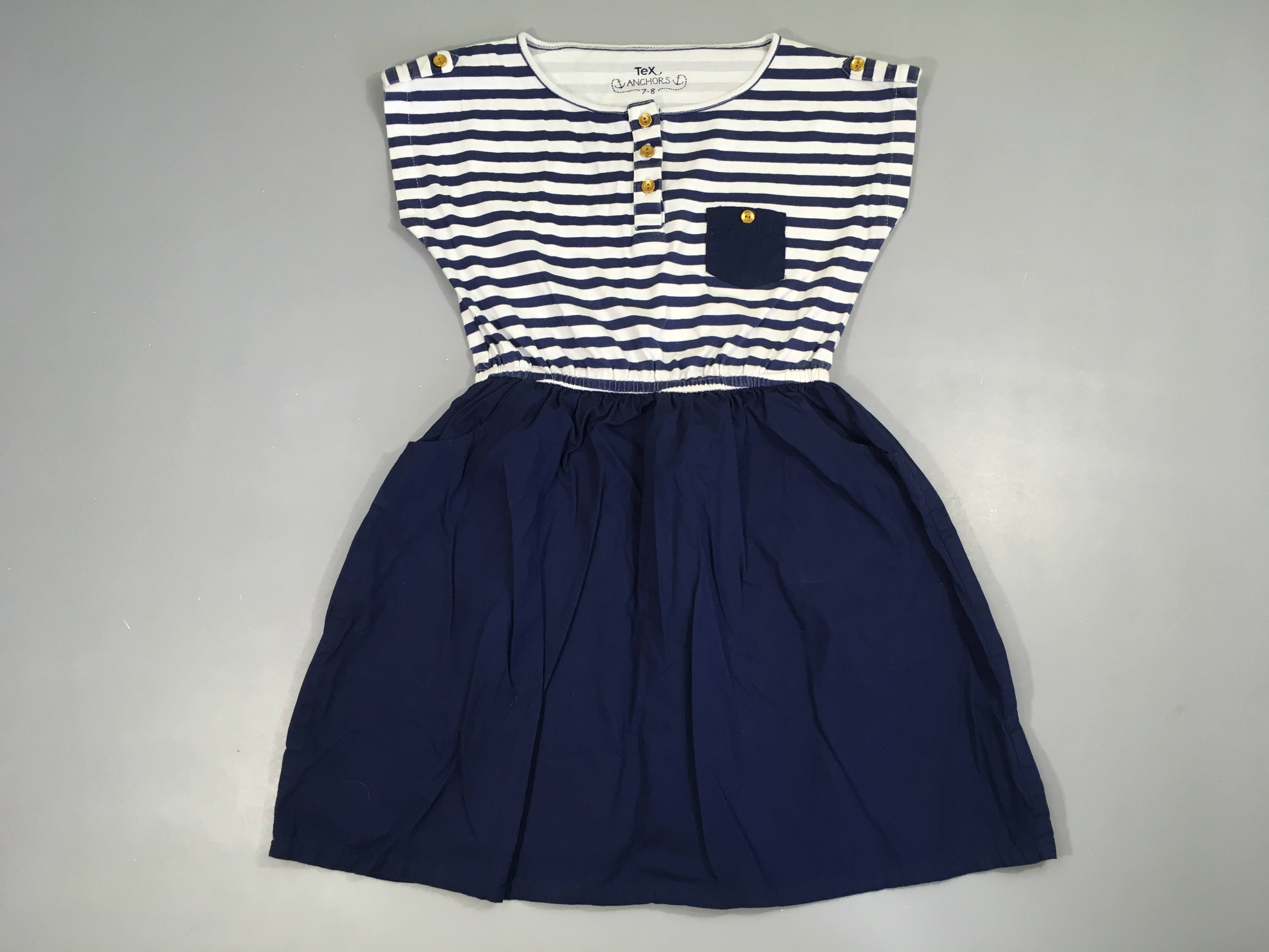 Robe s.m bi-matière haut blanc rayé bleu  poche