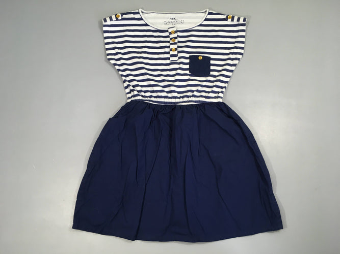 Robe s.m bi-matière haut blanc rayé bleu  poche, moins cher chez Petit Kiwi