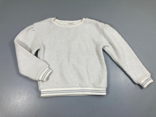 Pull duveteux blanc irisé, bords un peu boulochés, moins cher chez Petit Kiwi
