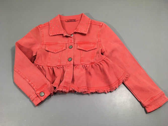 Veste courte  m.l  jeans rouge, volant bas, moins cher chez Petit Kiwi