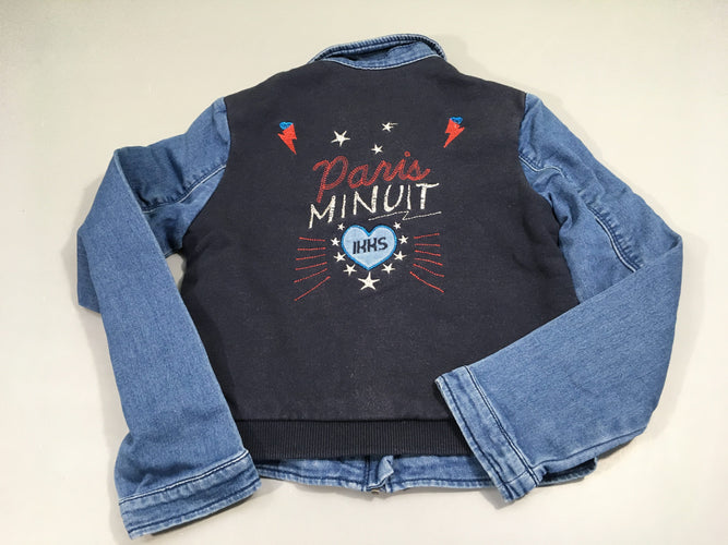 Blouson zippé jeans bleu, dos molleton bleu foncé, paris minuit, moins cher chez Petit Kiwi