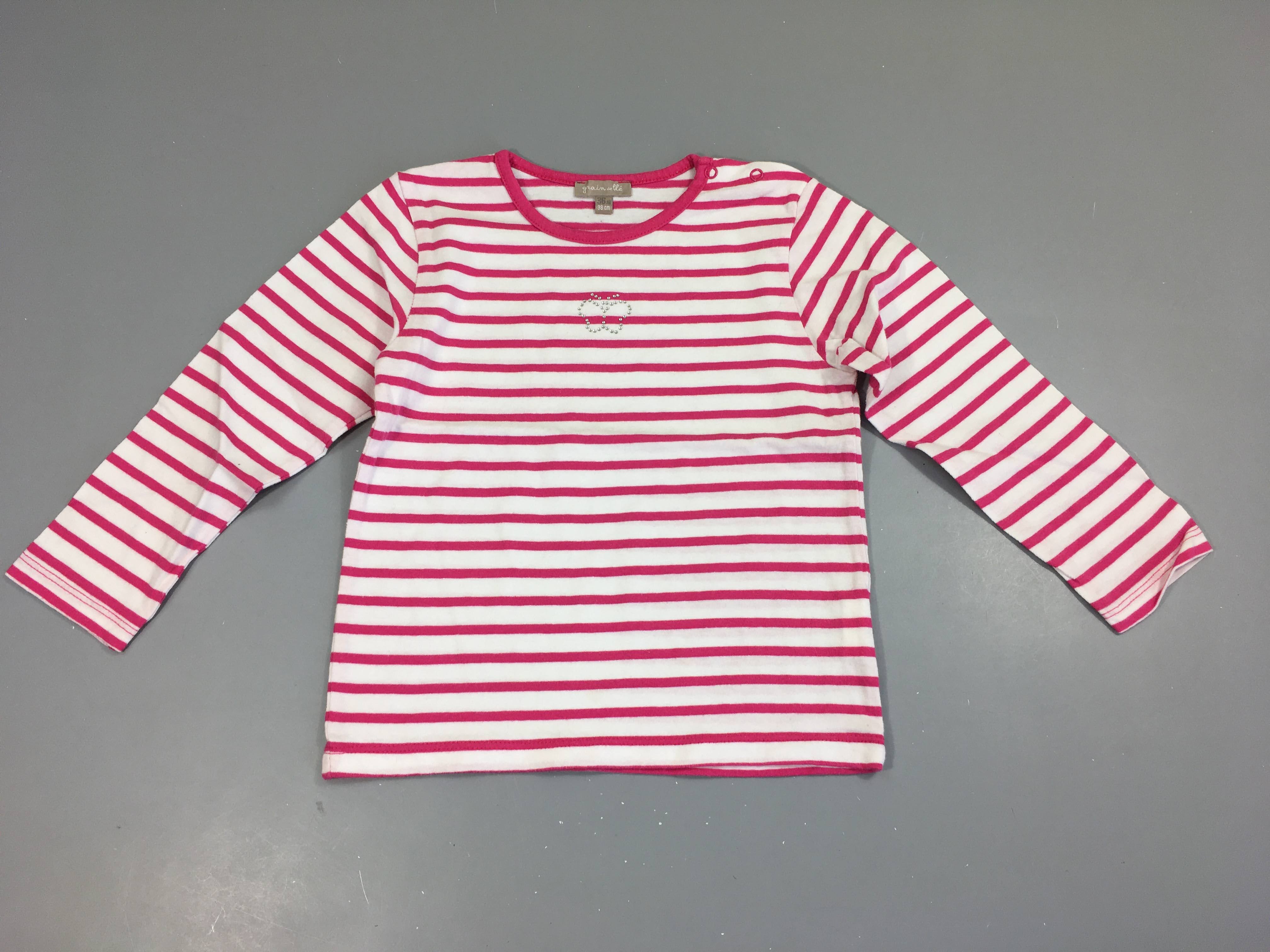 T-shirt m.l blanc rayé rose papillon strass