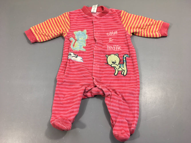Pyjama éponge velours ligné rose, chat, moins cher chez Petit Kiwi