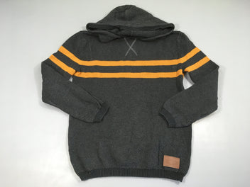 Pull à capuche gris foncé rayé orange